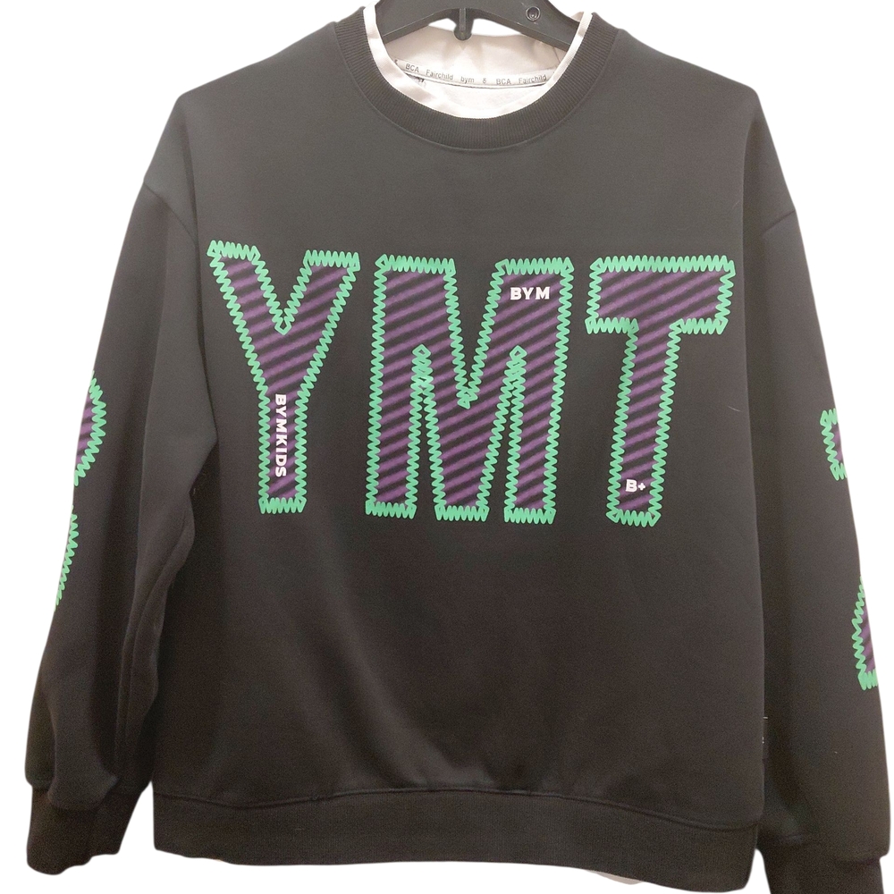 MT Unisex Sweater in Black with Green and Purple Accents. 22in P2P 25in long....